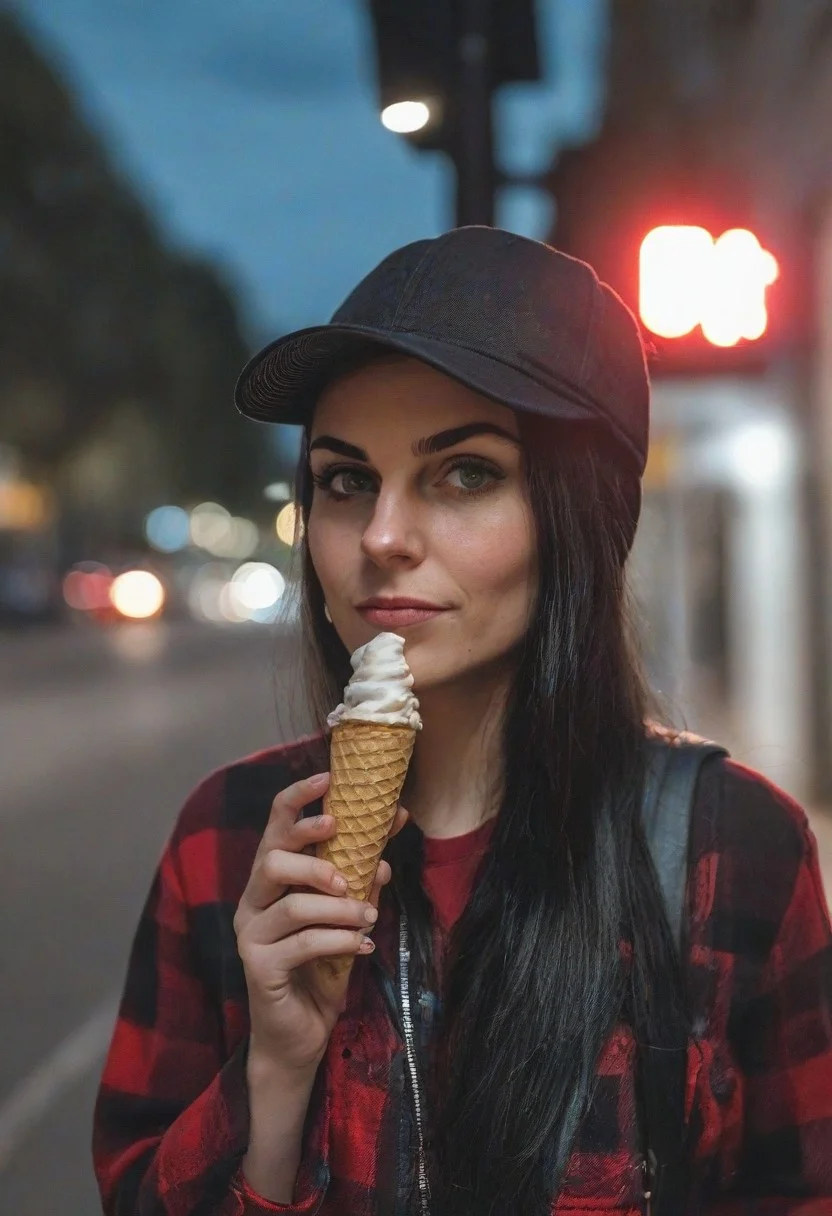 A 30yo woman eating a cone icecream. blue eyes. perfecteyes
Wearing Jeans and Plaid red shirt with a hat/cap red.
Long dark black slick back hair. No makeup.
Night time, Street light.
Looking at camera POV.
Medium Close Up shot.
Bokeh. Bokeh light.
Blurred background.