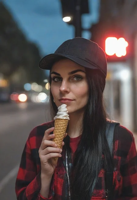 A 30yo woman eating a cone icecream.  blue eyes. perfecteyes
Wearing Jeans and Plaid red shirt with a hat/cap red. 
Long dark black slick back hair. No makeup.
Night time, Street light. 
Looking at camera POV. 
Medium Close Up shot.
Bokeh. Bokeh light.  
Blurred background.