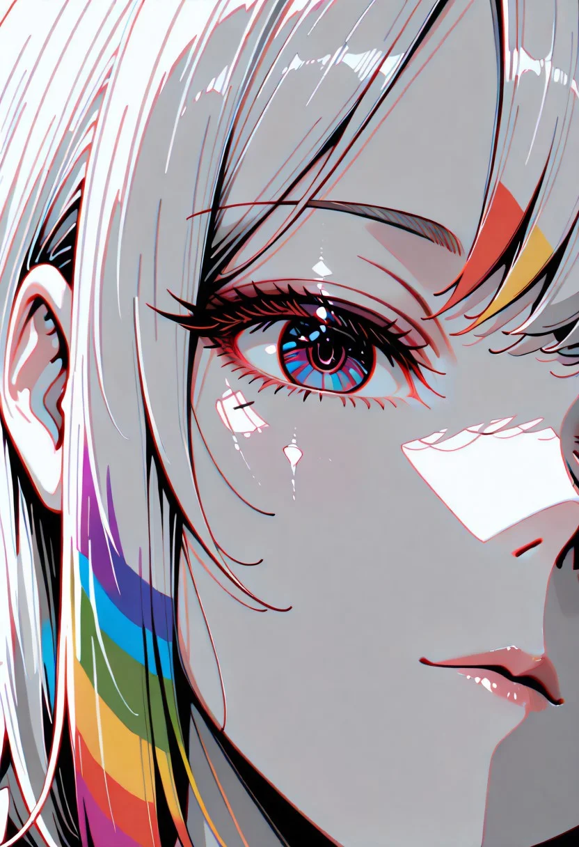 lazympos, adult, 1woman,
masterpiece, best quality, newest, highres, absurdres,no lineart, no outline, detailed, looking at viewer, solo, chromatic aberration, rainbow hair,white theme ,limited palette,tenebrism,close up, depth of field, 0n3sp3g