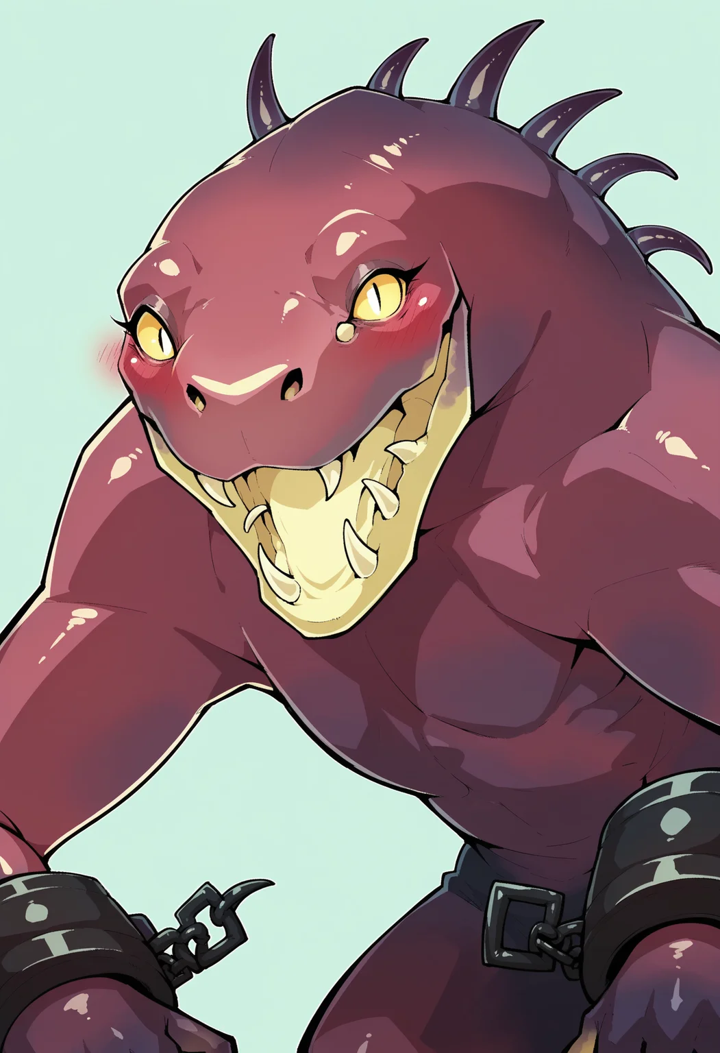 score_9, score_8_up, score_7_up, score_6_up, score_5_up, score_4_up, 1girl, <lora:Acrid:0.85> solo, monster, no humans, claws, extra eyes, four eyes, yellow eyes, glowing, no pupil, teeth, spikes, cuffs, looking at viewer, blush, upper body, from front, open mouth, happy, portrait,
light blue background, simple background,