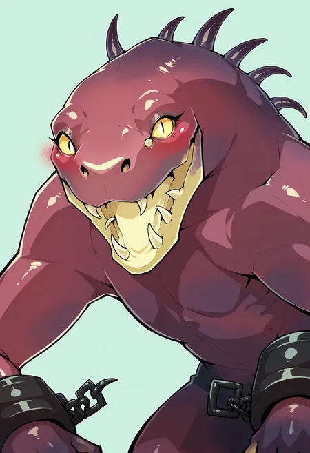 score_9, score_8_up, score_7_up, score_6_up, score_5_up, score_4_up, 1girl, <lora:Acrid:0.85> solo, monster, no humans, claws, extra eyes, four eyes, yellow eyes, glowing, no pupil, teeth, spikes, cuffs, looking at viewer, blush, upper body, from front, open mouth, happy, portrait,
light blue background, simple background,