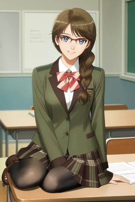hasegawa_hinako, 1girl, pantyhose, glasses, skirt, braid, brown hair, blue eyes, hair over shoulder, school uniform, single braid, shoes, jacket, blazer, long hair, pleated skirt, plaid skirt, looking at viewer, cowboy shot, classroom background, sitting on table,  closed smile, seductive smile, adorable, tony taka, 1 girls, alone, large breast, <lora:HandFixer_pdxl_Incrs_v1:1> <lora:HasegawaHinako:1>