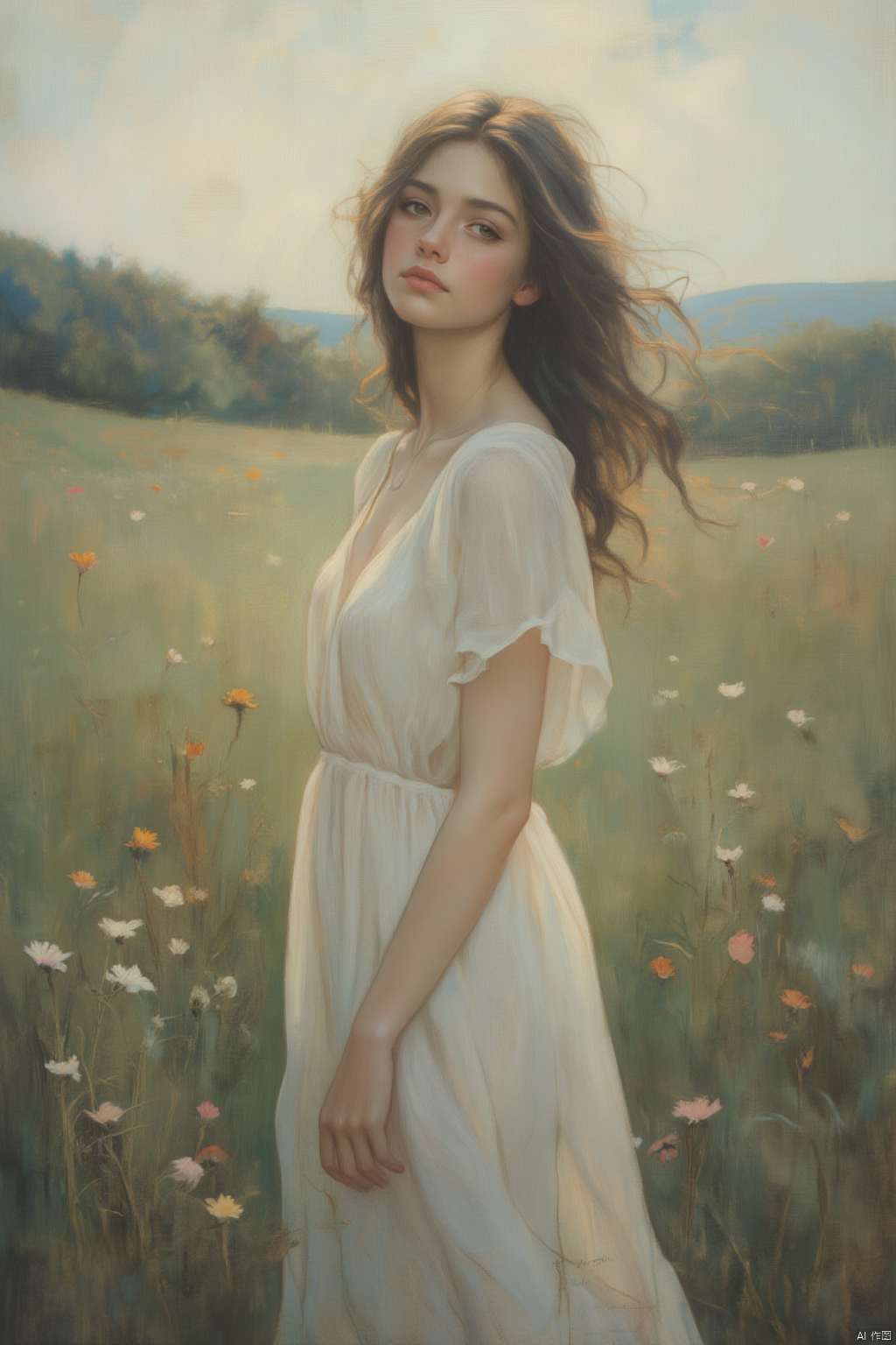 OBxiaoxiang,
A serene portrait of a woman, her figure bathed in a soft, ethereal light. Her expression is serene and peaceful, as if she is connected to the natural world. She wears a flowing, white dress, the fabric almost translucent, allowing the light to pass through. The scene is a tranquil meadow, filled with wildflowers, adding to the peaceful ambiance.