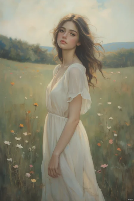 OBxiaoxiang,
A serene portrait of a woman, her figure bathed in a soft, ethereal light. Her expression is serene and peaceful, as if she is connected to the natural world. She wears a flowing, white dress, the fabric almost translucent, allowing the light to pass through. The scene is a tranquil meadow, filled with wildflowers, adding to the peaceful ambiance.