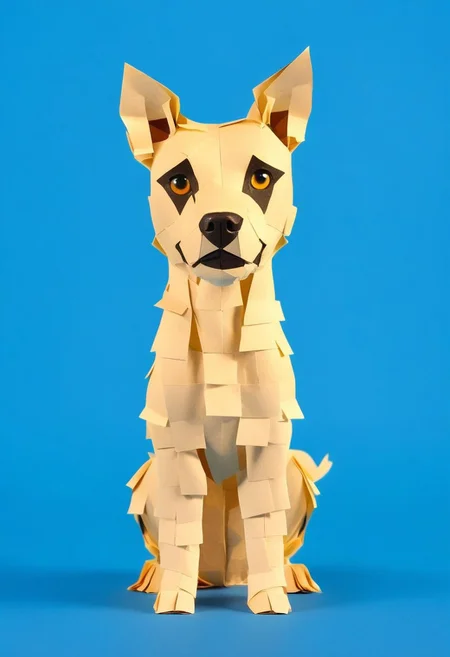 endposit_notesmorph, paper sticky notes, full body, dog, blue background, simple background, paper sticky notes, made from 3m post it notes, post it notes,looking at viewer, solo, animal focus, black eyes, no humans, animal