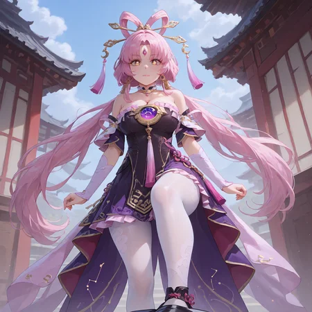 (masterpiece, best quality,pov,from below:1.4),highres,illustration,8k,(looking at viewer, collarbone),(hyper-detailed,digital painting,trending on ArtStation,shiny_eyes,sparkling_eyes, foot on another's body:1.2),
Fuxuan,1girl,forehead jewel,white pantyhose,solo,pantyhose,pink hair,long hair,twintails,bare shoulders,hair ornament,low twintails,black footwear,detached sleeves,parted bangs,tassel,yellow eyes,dress,hair stick,bow-shaped hair,constellation print,very long hair,black dress,hair rings,tassel hair ornament,jewelry,
cleavage,large breasts,bouncing breasts,outdoors,<lora:aidmaImageUpgrader-v0.3-IL:0.6>,<lora:Fuxuan(IL):0.85>,