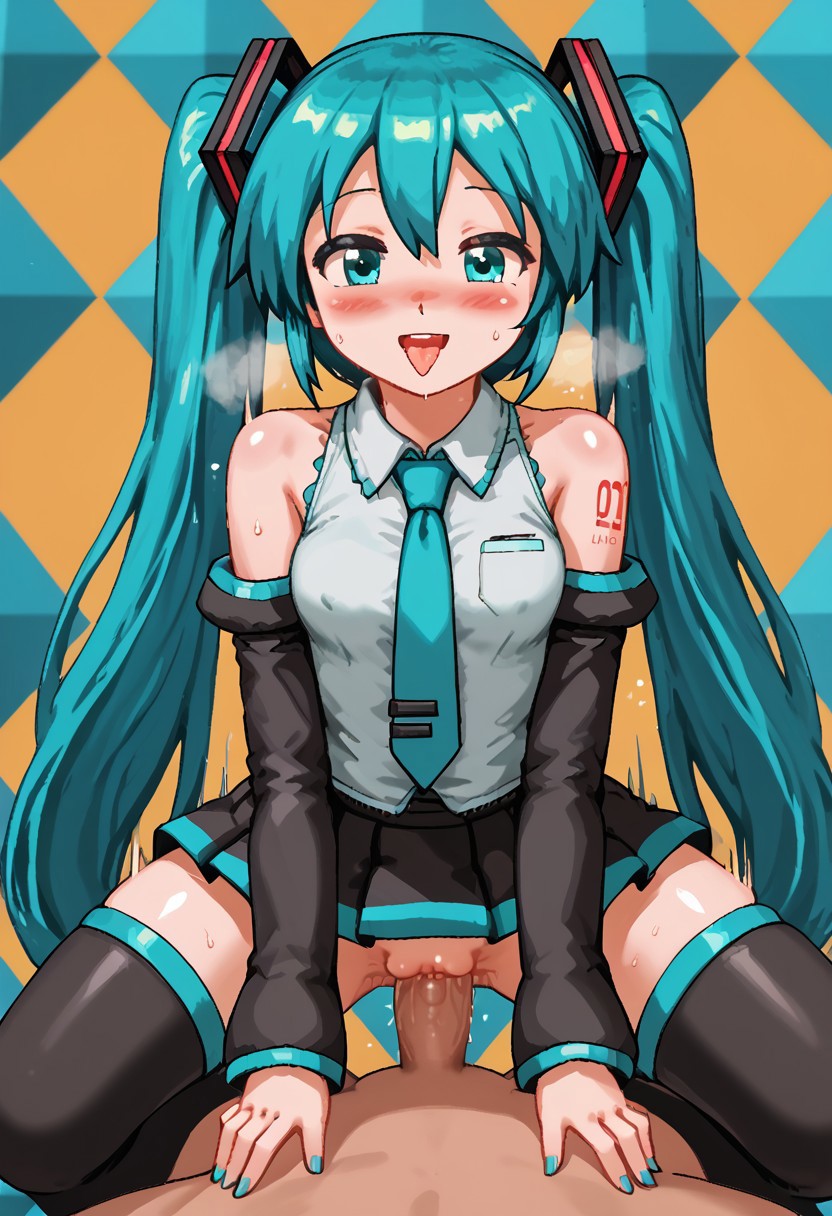 score_4,score_5,score_6,score_7_up,score_8_up,score_9 ((masterpiece,best quality,ultra detailed,highres,HD,4k:1.2)), 
Colorful background,
1 girl,1boy,hetero,pov,solo forcus,girl forcus, perfect penis,perfect nipples,perfect pussy, nsfw,Expressive,sex,straddling,cawgirl,cawgirl sex, blush,smile,open mouth,
 hatsune miku,absurdly long hair,aqua hair,twintails,hair ornament,sidelocks,hair between eyes,parted bangs, aqua eyes,
white shirt,collared shirt,bare shoulders,sleeveless shirt,aqua necktie,detached sleeves,black sleeves,shoulder tattoo,fringe,black thighhighs,miniskirt,pleated skirt,zettai ryouiki,thigh boots,
((open mouth,Sticking out tongue,blush,arousal, orgasmic arousal, sweat, steam,heart,heart effect)) ((motion blur, motion lines:1.2))