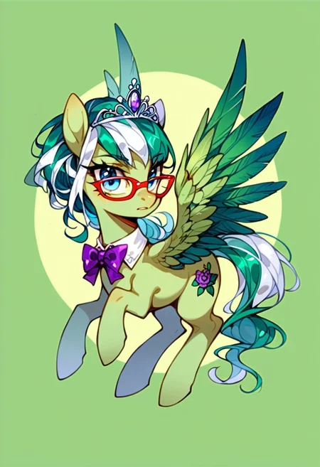 ng_deepnegative_v1_64t, score_9, score_8_up, score_7_up, zPDXL2, detailed background, concept art, source_anime, green background, solo, easynegative, source_anime, pop art background, lineart_style, pony, big blue eyes, green body, red eyeglasses, green wings, dark green hair, eyebrow raised, white highlights, thinking, bow tie, purple flowers in hair, silver tiara, book cutie mark, full body