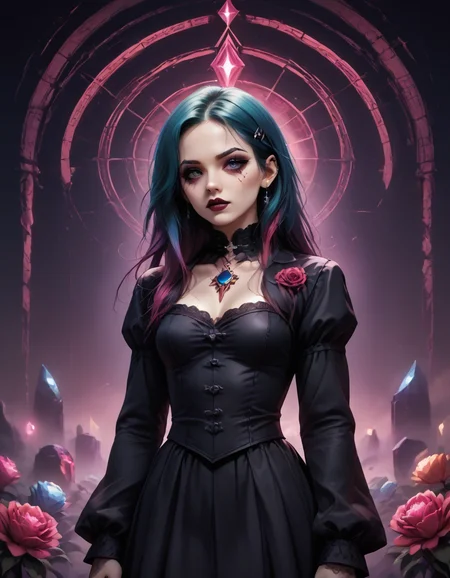 A professional photography of a goth geisha with whimsical elements, surrounded by an magical and eerie fairytale landscape with sparkling crystals and colorful flowers, awesome appearence, fantastic cyberpunk art concept, intricate details, trending on artstation, masterpiece, 8k, gems and crystals, gothic