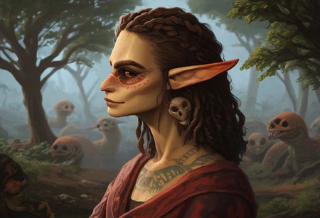 group, feminine, bosmer woman, fit body, tribal masks, random face, colorful skin, pale yellow skin, strong jawline, angular facial features, asymmetrical features, wide nose, fur mantle, rough leather clothes, female, archer's physique, joking demeanor, slightly pointed ears, pinned back ears, long face, very short ears, curved ears, scalloped ears, short ears, firbolg nose, uncanny features, snake nose, reptilian nose, realistic, long face, bosmer, alien, elongated head, flat nasal ridge, elongated skull, bony nose, slit nostrils, aquiline features, medium body hair, dunmer, creature, bony dermal ridges, rough complexion, body tattoos, native american tattoos, medium breasts, natural breasts, shapely figure, chiseled features, athletic build, weathered skin, large nose, animated realism, zoomed out, Inuit features, sage colored skin, pale skin, copper and jade clothes, dark orange sclera, saurian pupils, horizontal pupils, cuttlefish eyes, narrow eyes, dark red pupils, very slanted eyes, squinted eyes, double lidded eyes, eye membrane, slanted brows, bony brows, highly detailed, defined features, looking at viewer, from side, full body, zoomed out, dynamic lighting, 29 years old, light and shadows, jovial expression, expressive eyes, smiling, laughing, Native American pattern leather clothes, medium hair, elegant hairstyle, tribal hair, wavy hair, thick hair, braided hair, wild cut hair, semirealistic, alien elf, mongolian features, slavic features, aztec features, vibrant hair, colorful hair, sharp features, high detail, absurdres, intense eyes, detailed eyes, dark orange eyes, paleolithic clothes, Crowded village, dense redwood forest, intricate fur tents, bone furniture, masterpiece, Vilontrebramb, tree, outdoors, scenery, tree houses, elegant architecture