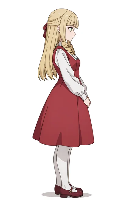Smooth Quality,masterpiece,very intricate, high quality details, high detailed skin,detailed enviorement,absurdres,
simple background, white background,from side,
d:,
<lora:Fiatoio_Annacnn:0.7>
fannacnn, 1girl, blonde hair, green eyes, long hair, blunt bangs, sidelocks, drill hair,
white pantyhose, red dress, long sleeves,bow, hair ribbon, white shirt, shoes, mary janes,