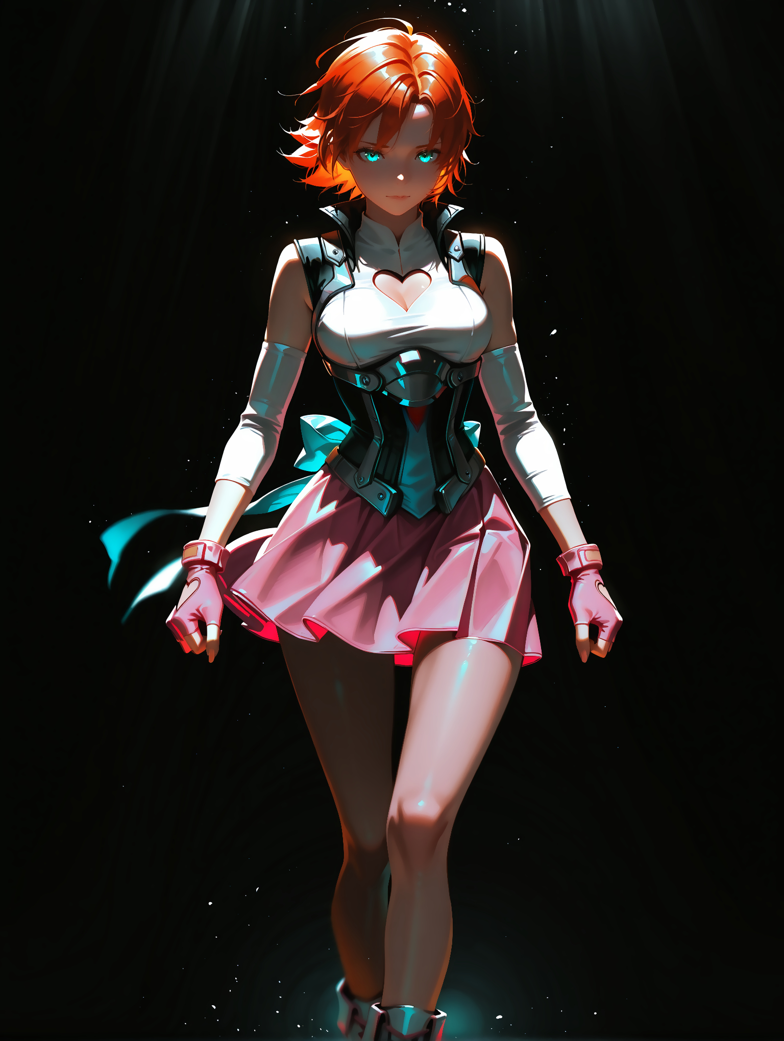 masterpiece, best quality,very aesthetic, absurdres,cinematic lighting, semi-realistic, impressionism, depth of field, dramatic lighting, dynamic lighting, darkness, dark, 20 years old, imtdnoravalkyrie1, 1girl, aqua eyes, short hair, orange hair, armor, gloves, detached sleeves, fingerless gloves, skirt, pink skirt, clothing cutout, heart cutout, boots, cleavage cutout, pink gloves, ribbon, medium breast, wide hips, slim waist, beautiful background, dreamlike background, detailed background