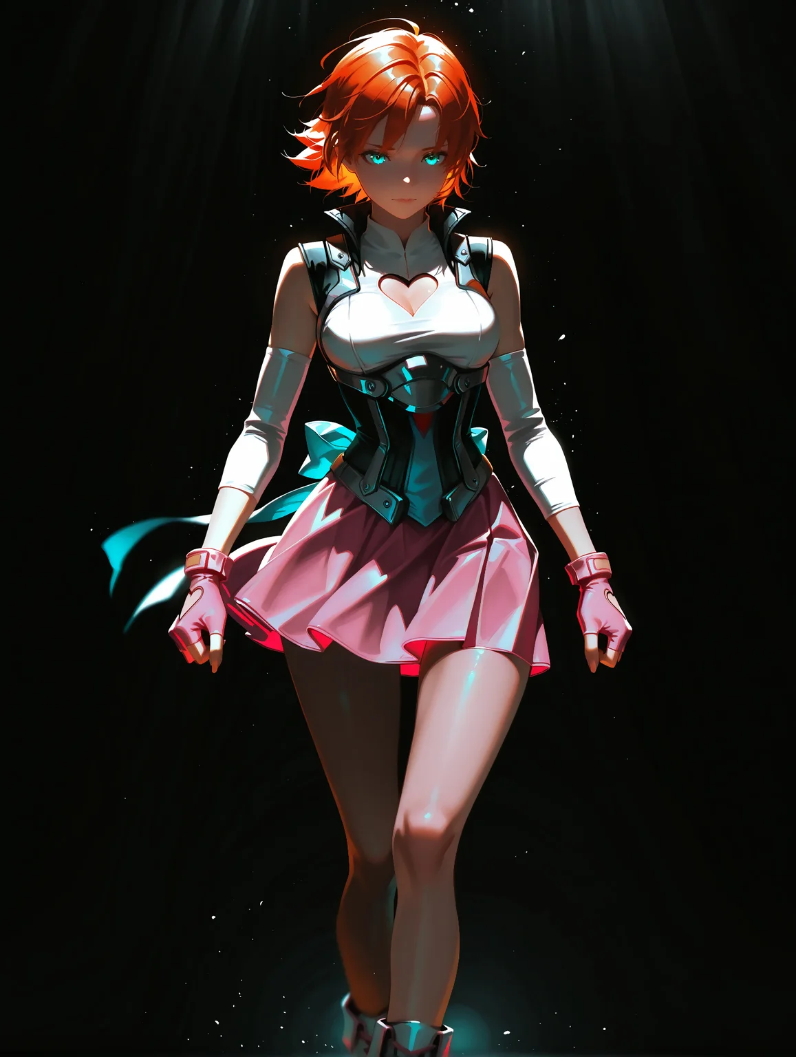 masterpiece, best quality,very aesthetic, absurdres,cinematic lighting, semi-realistic, impressionism, depth of field, dramatic lighting, dynamic lighting, darkness, dark, 20 years old, imtdnoravalkyrie1, 1girl, aqua eyes, short hair, orange hair, armor, gloves, detached sleeves, fingerless gloves, skirt, pink skirt, clothing cutout, heart cutout, boots, cleavage cutout, pink gloves, ribbon, medium breast, wide hips, slim waist, beautiful background, dreamlike background, detailed background
