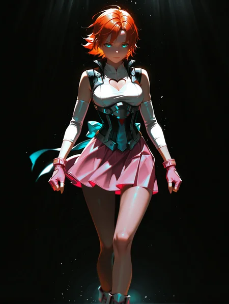masterpiece, best quality,very aesthetic, absurdres,cinematic lighting, semi-realistic, impressionism, depth of field, dramatic lighting, dynamic lighting, darkness, dark, 20 years old, imtdnoravalkyrie1, 1girl, aqua eyes, short hair, orange hair, armor, gloves, detached sleeves, fingerless gloves, skirt, pink skirt, clothing cutout, heart cutout, boots, cleavage cutout, pink gloves, ribbon, medium breast, wide hips, slim waist, beautiful background, dreamlike background, detailed background