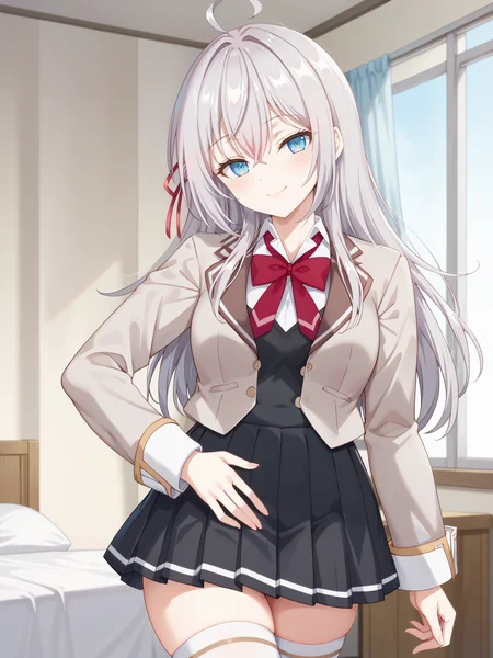 ((score_9)), ((score_8))
bedroom, smile, looking at viewer, cowboy shot, smile, pose, closed mouth,
<lora:add-detail-xl:1>
alyav4, 1girl, long hair, grey hair, blue eyes, ribbon, hair ribbon, hair between eyes, school uniform, jacket, shirt, white shirt, blazer, bow, bowtie, collared shirt, red ribbon, long sleeves, skirt, pleated skirt, black skirt, red bow, red bowtie, ahoge, thighhighs, white thighhighs, <lora:Alya-sanV3-04:0.9>