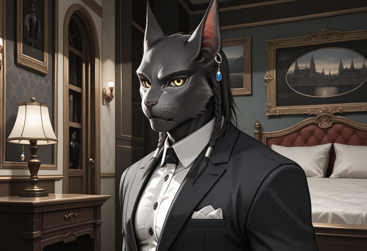 masterpiece, best quality, ultra-detailed, absurdres BREAK TorgalLR, Four arms, 1boy, solo, dark gray fur, feline, furry, braided hair, golden eyes, animal ears, earring, standing, upper body, portrait, bedroom, side angle, pectorals, looking at viewer, suit, multiple arms  <lora:Torgal_The_Last_Remnant:1>