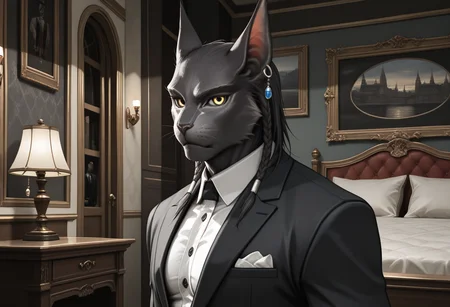 masterpiece, best quality, ultra-detailed, absurdres BREAK TorgalLR, Four arms, 1boy, solo, dark gray fur, feline, furry, braided hair, golden eyes, animal ears, earring, standing, upper body, portrait, bedroom, side angle, pectorals, looking at viewer, suit, multiple arms  <lora:Torgal_The_Last_Remnant:1>