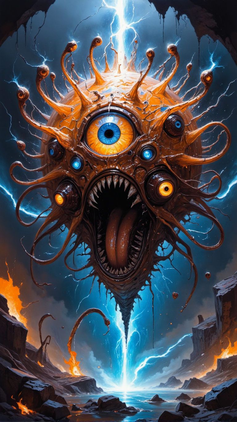 A highly detailed, master-level fantasy artwork showcasing a Dungeons & Dragons Beholder in a mid-close-up composition. The Beholder is depicted as a grotesque, floating orb of flesh, its massive central eye glaring with intense malevolence. Its gaping maw is filled with sharp, jagged teeth, stretching wide in a menacing snarl. Extending from the top of its head are numerous long, sinuous eyestalks, (((each one ending in a glowing eye))). These eyestalks twist and writhe independently, their surfaces veined and pulsing, radiating magical energy. 
In the background, swirling elemental forces highlight its magical might: crackling lightning arcs through the darkened sky, fiery embers float around the creature, and icy shards hang in the air, all surrounding the Beholder like a storm of destructive power. The atmosphere is tense and charged, as if the Beholder is about to unleash a barrage of elemental magic. The contrast of lightning, fire, and ice against the dark, ominous backdrop magnifies the terror and raw power of this iconic creature.
<lora:artisketchyfs-v02:0.8> <lora:Best_of_Flux_v22:0.7> <lora:FLUX-daubrez-DB4RZ-v2:0.8>