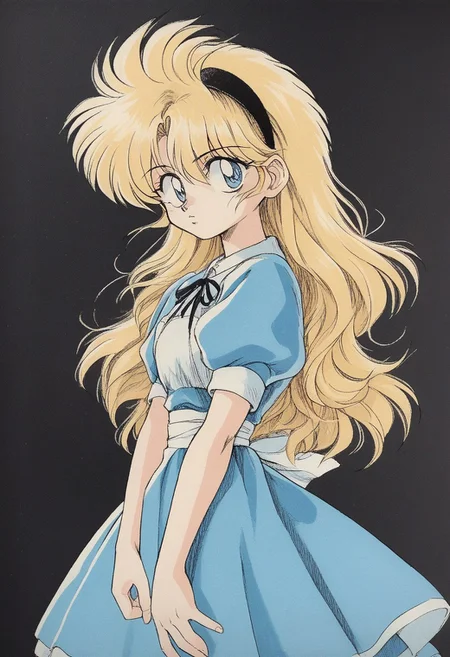 zPDXL3, source_anime, alice in wonderland, blue dress, long hair, blonde hair, hairband, cowboy shot, retro artstyle, traditional media, <lora:Ippongi_Ban_Artist_Style_PonyXL:1> <lora:ncpy13 style_a:1> ncpy13 style, pastels drawing