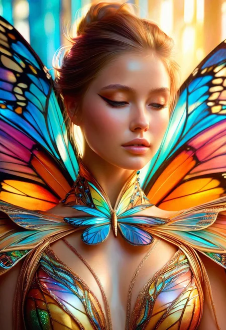A hyper-realistic portrait of a young woman's upper body, adorned in a mesmerizing butterfly-inspired outfit, with delicate wings and iridescent colors dancing across her torso, soft natural light illuminating her face and outfit, warm golden hues and gentle shadows, in the style of a high-fashion digital painting, with an intimate, slightly overhead camera angle and a shallow depth of field, emphasizing the intricate details of her outfit and the subtle textures of her skin.