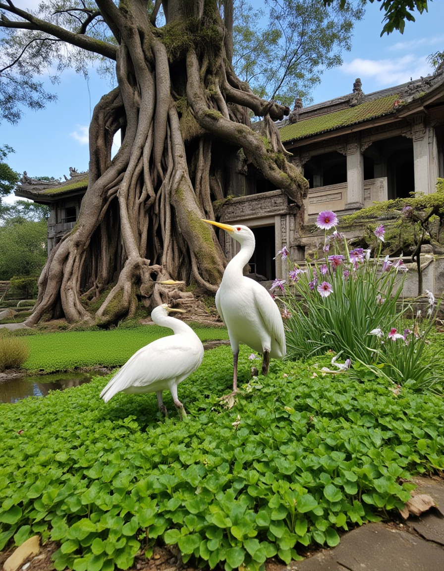 <lora:City_Worlds_02__Lost_-_Temple:1> cw02lost, asian temple, flowers, abandoned, ruins, moss, grass, collapsed, broken, crushed, pond, very close view of a white grus birds fish eye view, giant roots, flowers, sunny day,