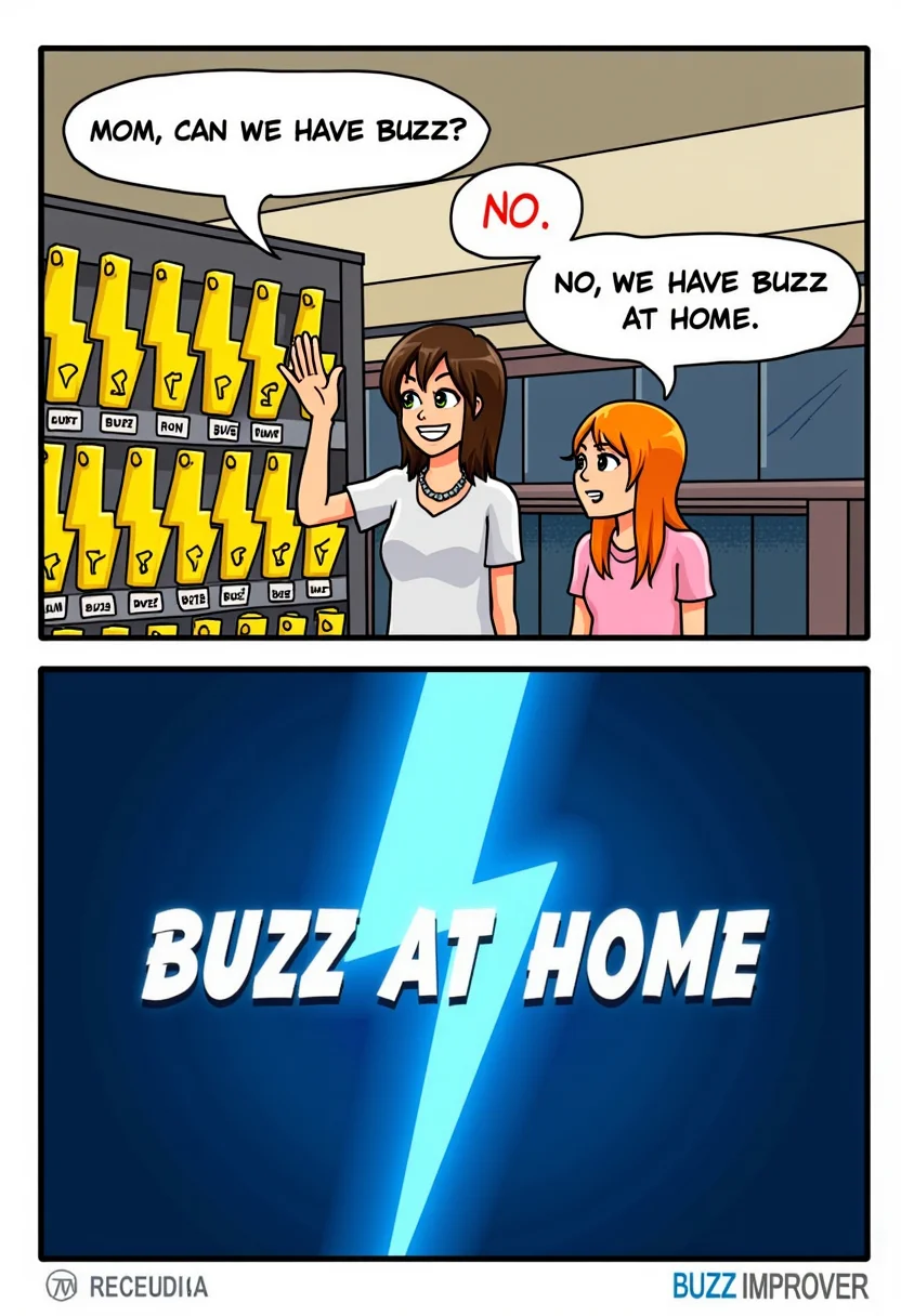 A two panel comic set in a store. In the first panel, a woman and another are looking at a rack of yellow lightning bolts labeled with the text: "BUZZ". A speech bubble coming from the first shows the text: "MOM, CAN WE HAVE BUZZ?". A speech bubble coming from the woman shows the text: "NO, WE HAVE BUZZ AT HOME." The second panel is a close up of a blue lighting bolt under the meme text: "BUZZ AT HOME". aidmaTextImprover, <lora:TextimproverV0.4:1>