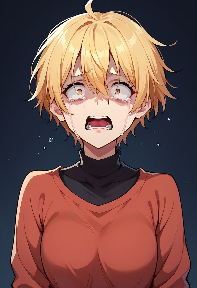 score_9, score_8, score_7, source_anime, constricted pupils, shirt, hetero, scared, long sleeves, surprised, teeth, hair between eyes, crying with eyes open, short hair, crying
