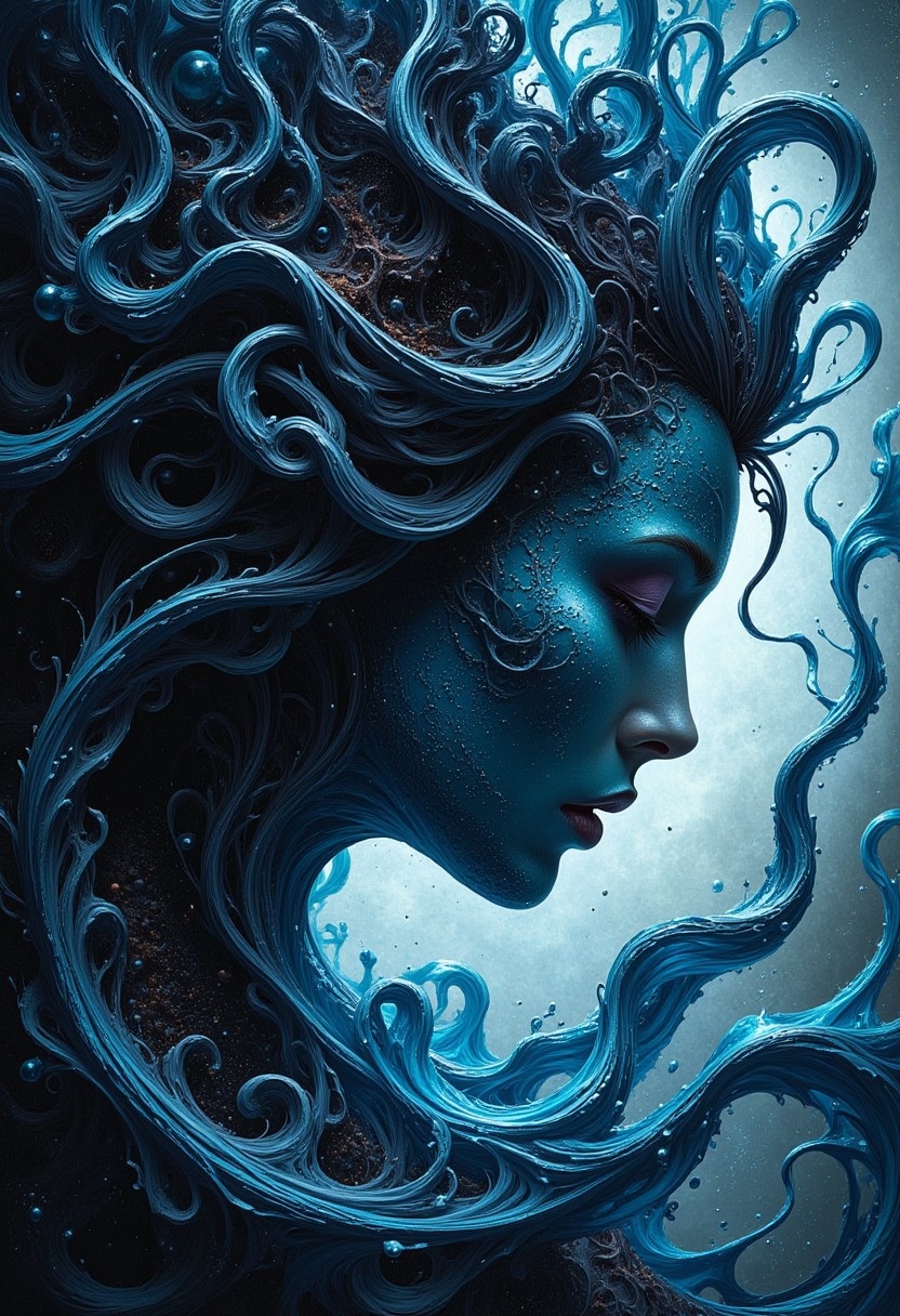 masterpiece, high detail, ArsMJStyle, dnddarkestfantasy, masterpiece, stunning oriental water spirit woman, made of ripples of water, abstract, fractal art. highest definition, HD32K, wallpaper, hyperdetailed, concept art, extreme closeup, side profile