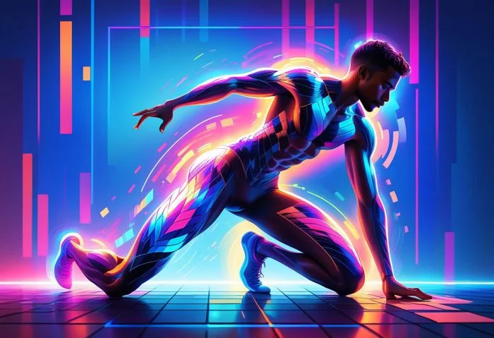 vibrant holographic digital art of an athletic male figure in motion, adorned with neon patterns and lines that give him the appearance of being sculpted from light. He is seen in midpose on his knees, embodying strength and grace as he leans forward to balance himself against gravity. The background features pixelated squares, with neon colors and pixelated patterns that create depth and movement in the style of various artists., the background has colorful pixelated patterns and lights, with high contrast., adding depth while creating a futuristic atmosphere. His skin seems almost the vibrant colors, An illustration of an athletic man in neon colors, An abstract colorful digital illustration of an athletic man with neon patterns on his body