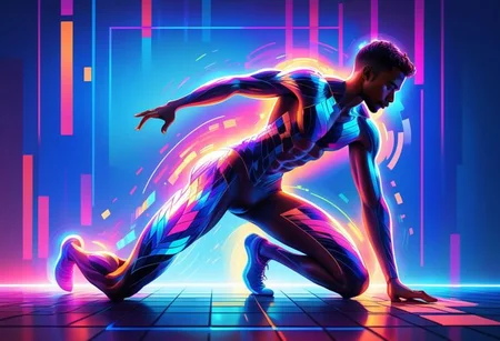 vibrant holographic digital art of an athletic male figure in motion, adorned with neon patterns and lines that give him the appearance of being sculpted from light. He is seen in midpose on his knees, embodying strength and grace as he leans forward to balance himself against gravity. The background features pixelated squares, with neon colors and pixelated patterns that create depth and movement in the style of various artists., the background has colorful pixelated patterns and lights, with high contrast., adding depth while creating a futuristic atmosphere. His skin seems almost the vibrant colors, An illustration of an athletic man in neon colors, An abstract colorful digital illustration of an athletic man with neon patterns on his body