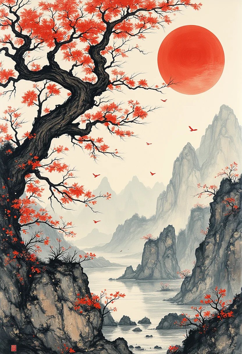 A masterpiece of (chinese ink painting) style created by the collaboration of Henri Matisse and William Morris. HD32K, hyperdetailed, best quality, aidmaMJ6.1.