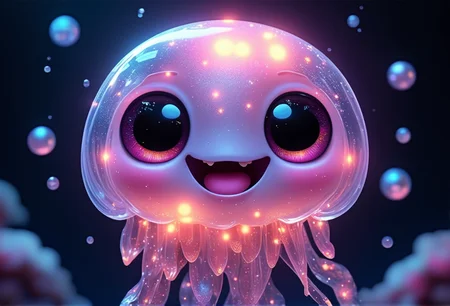 a glowing jellyfish with a happy face, bv-cutenh, in a fantastical style, ultra-detailed, with vibrant, radiant colors, sparkling ambiance that creates a sense of wonder, emphasizing extreme cuteness and charm with soft, rounded features, oversized, expressive eyes, and an enchanting atmosphere that instantly grabs attention.<lora:bv-cuteness-enhancer-v1.safetensors:1.0:1.0>