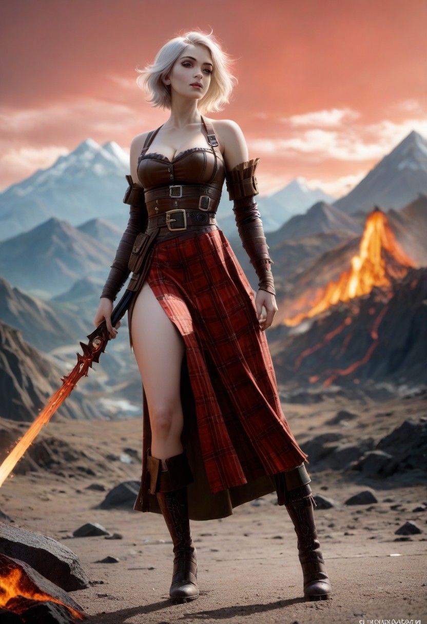 score_9, score_8_up, score_7_up, 
1girl, solo, <lora:NAHIRI:1>, short hair, white hair, nahiri, red eyes, athletic, horny, curvy, thick thighs, wide hips, cleavage, medium breasts, tall female, huge ass, mature female, weapon, 
belt, boots, detached sleeves, plaid skirt, red skirt, armor, miniskirt, brown leather top, bare shoulders, 
from below,
<lora:Smooth Anime 2 Style SDXL_LoRA_Pony Diffusion V6 XL:0.5>
<lora:AmateurStyle_v1_PONY_REALISM:0.5>
depth of field, blurry background, blurry foreground, mountain top, volcano, red sky,