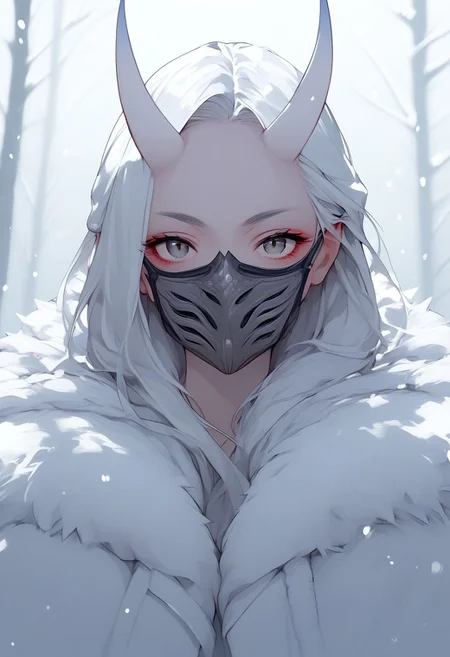 score_9, score_8_up, score_7_up,
c0l0r1f1c4t10nwh1t3,ColorificationWhite,Colorification White, 1girl, solo, long hair, looking at viewer, upper body, white hair, horns, hood, grey eyes, fur trim, mask, snow, oni horns, oni, snowing, mouth mask