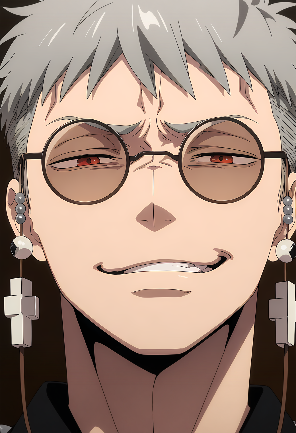 <lora:Fujimoto_Shiro_Blue_Exorcist__Ao_No_Exorcist__éã®ç¥é­å¸«_v2_NAI:1>,
anime screenshot,
fsh1r0,grey hair,red eyes,1boy,male focus,solo,round eyewear,glasses,fsh1r0_eyewear_strap, portrait,facing viewer,looking at viewer,smirk, masterpiece,best quality,amazing quality,absurdres,highres