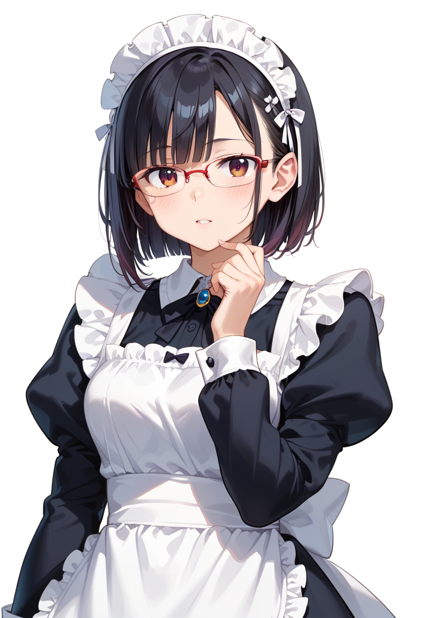 score_9, score_8_up, score_7_up, rating_safe, masterpiece, best quality, absurdres, unity 8k wallpaper, official art, official style, source_anime, uncensored, game cg, megami magazine,
1girl, solo, black hair, medium hair, upper body, covered eyes,maid, maid headdress, black dress, maid apron, face focus,
halfrim17s,  still life, white background, simple background, red-framed eyewear,
 <lora:glasses_halfrim17S_PONY_V1:1>