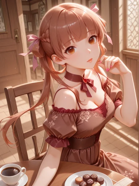 general, very awa, masterpiece, best quality, highres, absurdres, , ,eyesHD, high gradient eyes, detailed eyes, high definition eyes, ,, S1girl, ugar_Apple_Fairy_Tale_Anne_Halford, long hair, brown hair, twintails, hair ribbon, hair rings, braid, blunt bangs, brown eyes, breasts,lips,
Mocha_Petal_Dress, dress, bare shoulders, sleeveless, bare arms, floral print, spaghetti strap, brown dress, long dress, floral embroidery dress, cleavage, cafe,table, coffee, sweets, chocolate, colorful, sitting, on_chair, from above, pink_nails,
