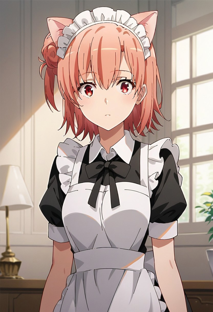 score_9, score_8_up, score_7_up, source_anime,yuigahama yui, pink hair, red eyes, single hair bun, 1girl, solo, maid, animal ears, maid headdress, apron, shiny hair, cat ears, white apron, short sleeves, hair between eyes, shiny, black bow