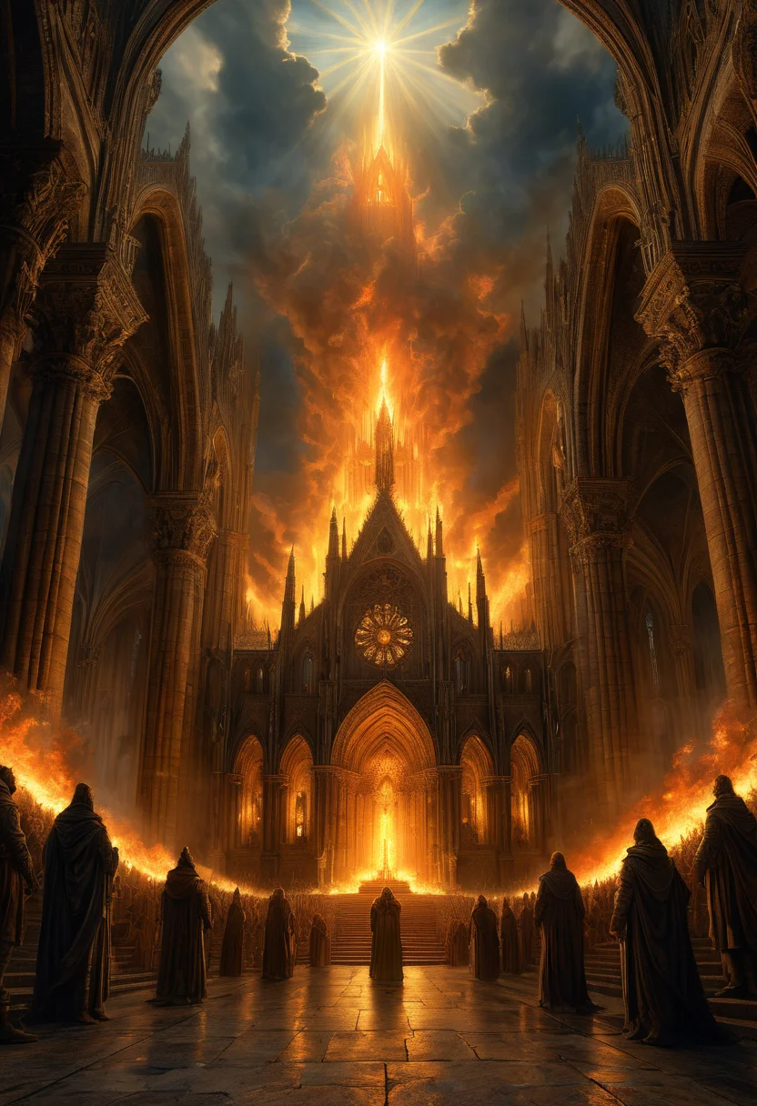 rural country, apocalyptic fantasy, silver flame, glowing cathedral, divine light, burning skyes, mmo, digital art, 4 k, art by gustave dore, hiremius bosch <lora:add-detail-xl:1>