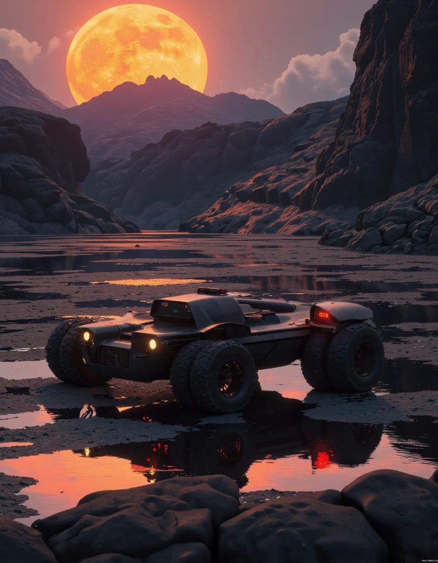By Paul Chadeisson. A futuristic, sci-fi digital illustration shoot from a far camera angle about a futuristic armored vehicle reflecting in a reflective puddle on a rocky landscape during sunset. the image also shows a large, glowing crescent moon in the sky, surrounded by mountains and a rocky shoreline. on the middle of the image, a futuristic, armored vehicle with a sleek, sleek design is positioned in the center of the frame, with its large, black wheels reflecting the warm, orange glow of the setting sun. the vehicle has a long, sleek body with a red light bar on the top, and its headlights are turned on, giving it a futuristic look. it appears to be a stealth vehicle, with no visible damage or wear, and is positioned on a reflective surface, with the moon casting a bright orange glow over the scene. the background features a rocky cliff on the right side and a vast expanse of water reflecting the moonlight, creating a serene and reflective atmosphere. the sky is filled with stars and a few clouds, adding to the sense of depth and dimensionality in the image.