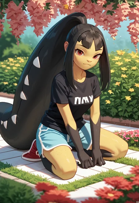 zPDXL3, score_9, score_8_up, score_7_up, score_6_up, score_5_up, score_4_up, 1girl, solo, medium breasts,
grimace, kneeling, t-shirt, lowleg shorts, garden,
pkmaw,