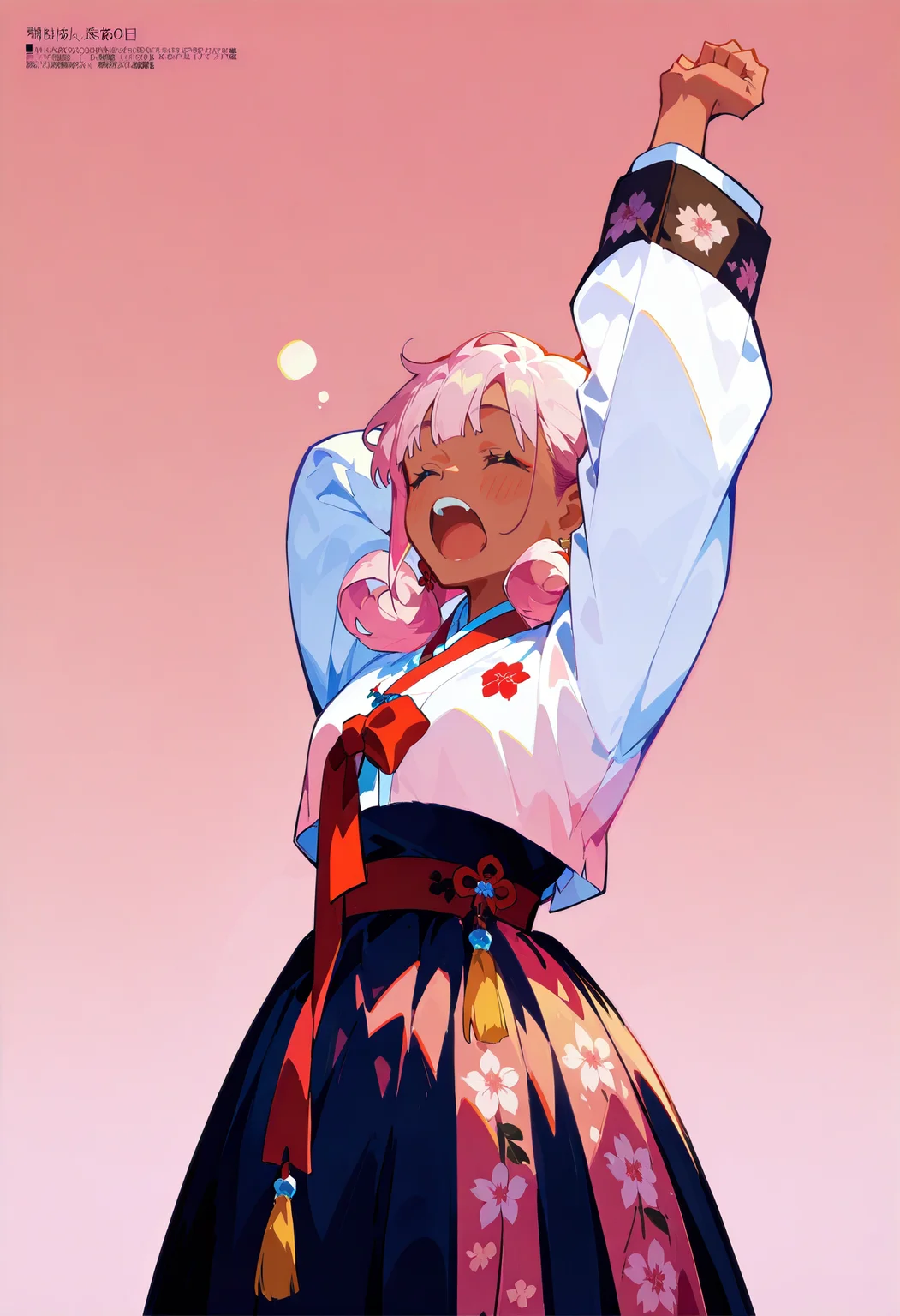 1girl, pink hair, medium hair, curly hair, tanline,
BREAK 1girl, yawning, stretching, waking up, orgasm,
BREAK hanbok, korean clothes, clothed_underbust, floral print, (hot pink background), magazine scan,
BREAK safe, masterpiece, best quality, very aesthetic, absurdres, highres, newest, <lora:ponyv5_noobV065S_1_adamW:0.7>, <lora:lora:0.4>, <lora:Unstable_v1.0:1>