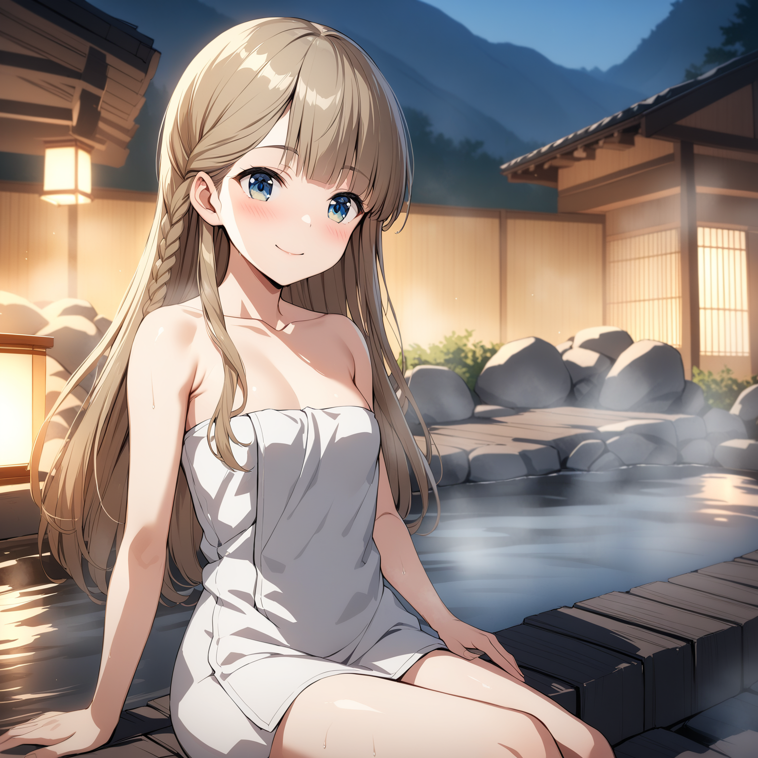 [high quality, best quality], cinematic, 1girl, solo, narumiya suzu, flat breasts, naked towel, sitting, smile, blush, onsen, steam, bloom, hdr, <lora:suz:0.72>