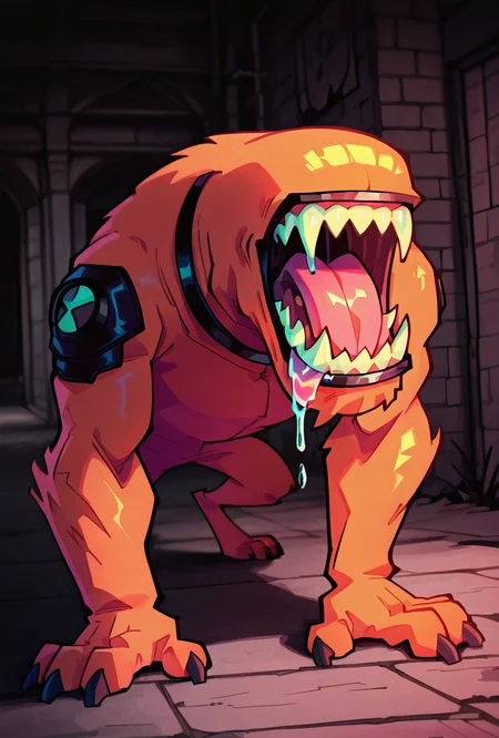 <lora:wildmutt-06:1> wildmutt, solo, no humans, claws, sharp teeth, no eyes, no ears, <lora:sakfsdajfkasd:1> alpharecdyt, smiling, tongue out, drooling, black collar,, masterpiece, best quality, amazing quality, very aesthetic, absurdres, newest,