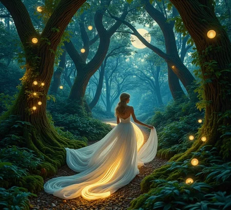 <lora:nule-flux-lora-E4.safetensors:1> nule style
In the heart of a twilight forest, a woman of breathtaking elegance emerges from the shadows. Her presence is like a whisper of the divine, her form draped in a gown of the purest white, woven from the finest silk. The fabric flows around her, seeming to catch the light of the moon and stars, casting a soft, ethereal glow that illuminates her path. Her gown’s long, shimmering train trails behind her, leaving a trail of silent whispers on the forest floor, each step a gentle caress against the moss and fallen leaves.
She moves with a grace that defies the natural world, her movements fluid and almost otherworldly. The forest itself seems to bend to her will, the trees parting to let her pass, their branches adorned with delicate, luminescent lights. These fairy-like orbs dance around her, their soft, warm glow casting a halo of light that enhances the mystical ambiance of the scene. The air is thick with the scent of blooming night flowers, and the distant hum of nocturnal creatures adds to the enchanting atmosphere.
The soft hues of the background, a tapestry of deep blues and greens, blend seamlessly with the woman’s radiant presence. The entire scene is a symphony of light and shadow, each element working in harmony to create a moment of pure, unadulterated magic. This isn’t just a forest; it’s a realm where fantasy and reality merge, where every detail tells a story of beauty, romance, and the eternal mysteries of the natural world.