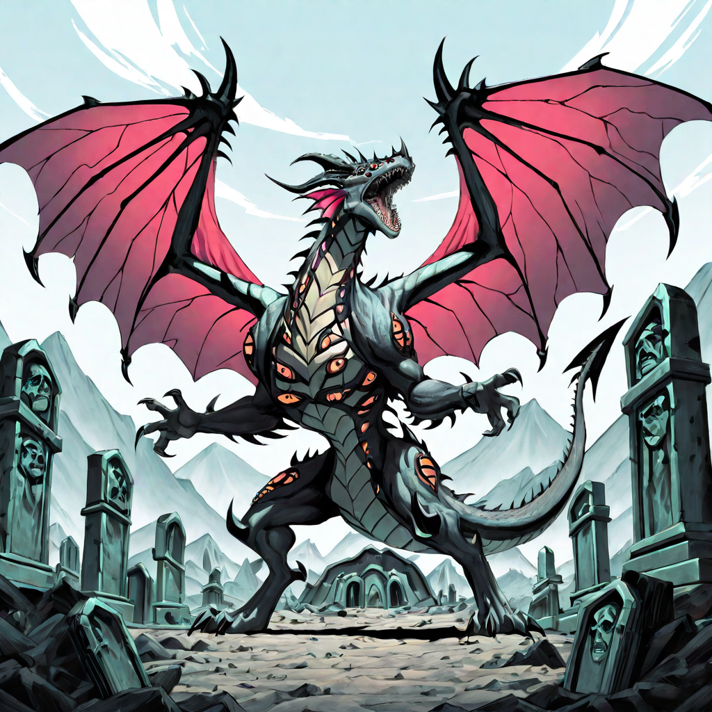 absurdres,newest,best quality,masterpiece,jojo,jojo's bizzare adventure,no humans,dragon,wings,horns,fleshmutant,extra mouths,extra eyes,graveyrad,tomb stones,open mouth,sharp teeth,outdoors