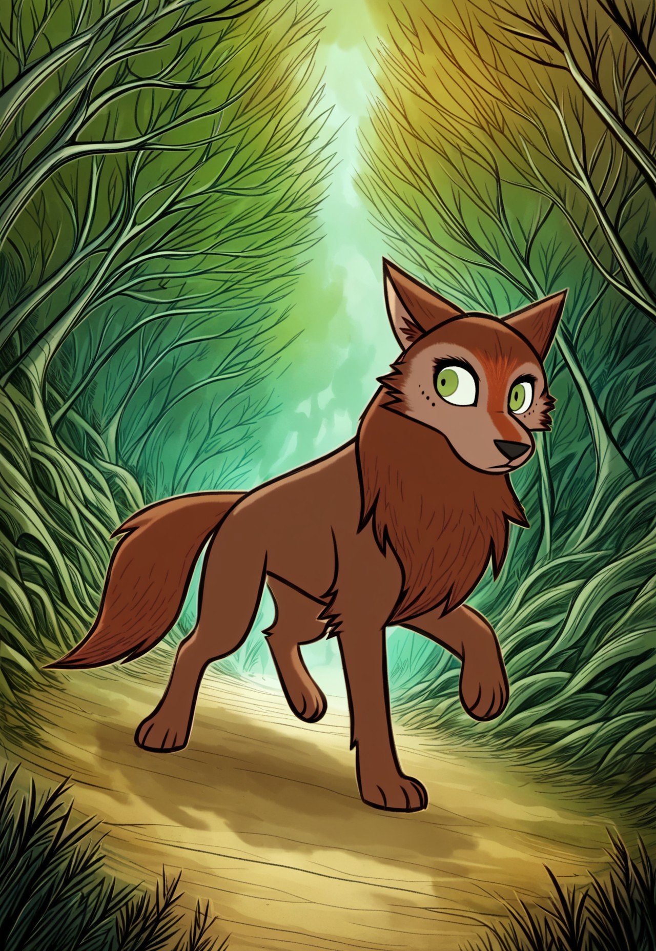 (zPDXL3), full body, solo, furry, best quality, animal focus, solo, mebh_wolf, full body, pokemon (creature), animal, wolf, green eyes, animal focus, dynamic pose, outdoors, forest , dynamic angle