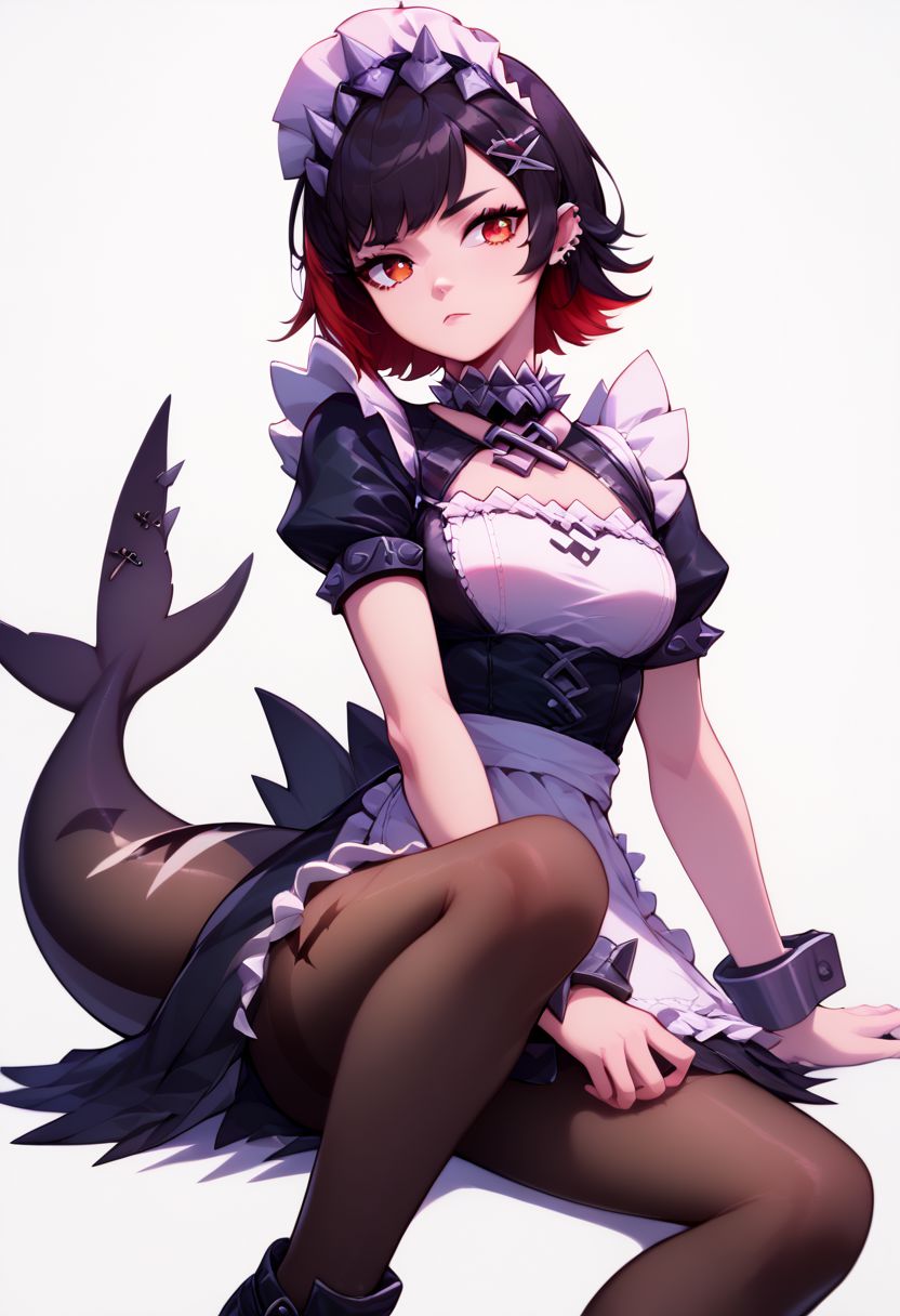 score_9, score_8_up, score_8, big breasts, (curvy), cute, eyelashes, 
sitting, cowboy shot, 
BREAK, 
ellen joe, black hair, colored inner hair, multicolored hair, red eyes, red hair, short hair, two-tone hair,
apron, black shirt, black skirt, ear piercing, fins, fish tail, maid, maid apron, maid headdress, piercing, puffy short sleeves, puffy sleeves, shark girl, shark tail, black tail, shirt, short sleeves, skirt, tail, two-tone hair, wrist cuffs,
ellen joe, black dress, closed mouth, dress, fins, fish tail, guan dao, hair ornament, hairclip, looking at viewer, looking to the side, maid headdress, medium breasts, pantyhose, polearm, red hair, shark tail, shoes, tail, two-tone background, two-tone hair, weapon, white background, wrist cuffs, x hair ornament,
zPDXL,
