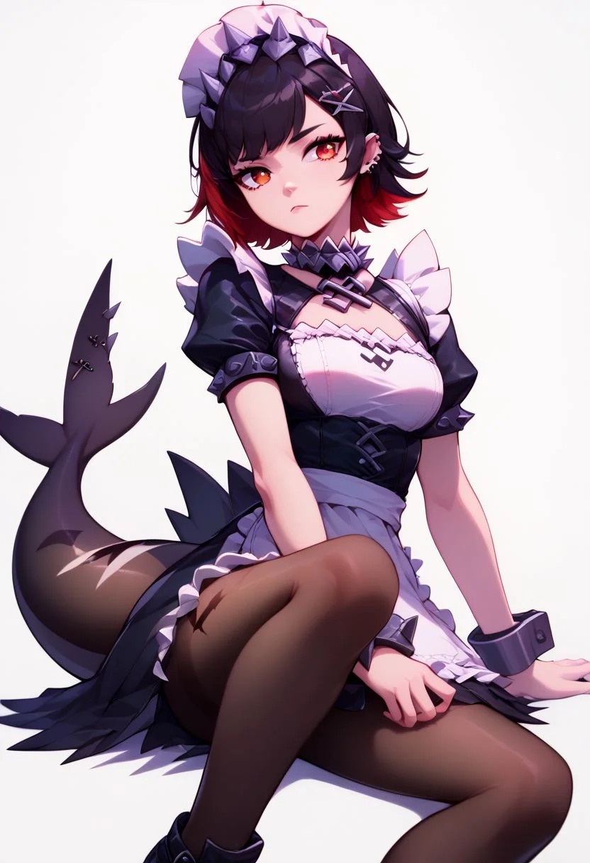 score_9, score_8_up, score_8, big breasts, (curvy), cute, eyelashes,
sitting, cowboy shot,
BREAK,
ellen joe, black hair, colored inner hair, multicolored hair, red eyes, red hair, short hair, two-tone hair,
apron, black shirt, black skirt, ear piercing, fins, fish tail, maid, maid apron, maid headdress, piercing, puffy short sleeves, puffy sleeves, shark girl, shark tail, black tail, shirt, short sleeves, skirt, tail, two-tone hair, wrist cuffs,
ellen joe, black dress, closed mouth, dress, fins, fish tail, guan dao, hair ornament, hairclip, looking at viewer, looking to the side, maid headdress, medium breasts, pantyhose, polearm, red hair, shark tail, shoes, tail, two-tone background, two-tone hair, weapon, white background, wrist cuffs, x hair ornament,
zPDXL,