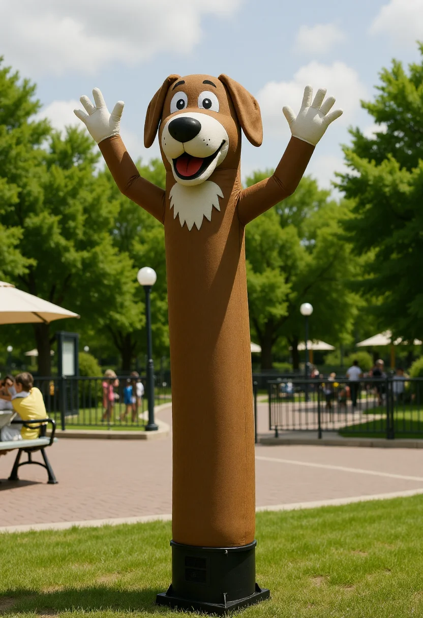<lora:Wacky_Waving_Inflatable_Arm_Flux_Man-000009:0.9>
The image is a photograph of a very tall, inflatable dog with wavy raised arms standing in a public park setting.